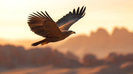 Fototapeta premium A majestic hawk glides gracefully through the sky, with its wings spread wide, illuminated by the soft glow of the sunset.