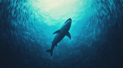 A majestic shark swimming gracefully through clear blue waters, surrounded by schools of smaller fish, showcasing the beauty of marine life.
