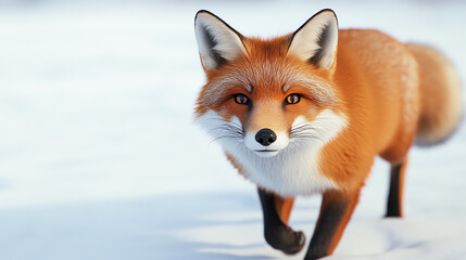 Obraz premium A red fox walking gracefully through a snowy landscape, showcasing its vibrant fur and curious expression, capturing the essence of winter wildlife.