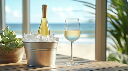 Chilled bottle of white wine in an ice bucket with a glass on a wooden table by the beach on a sunny day