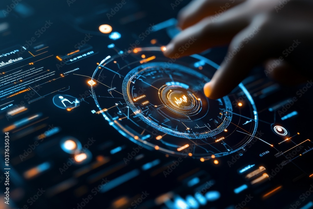 Poster this image showcases a futuristic digital interface with glowing graphics, emphasizing innovation, t
