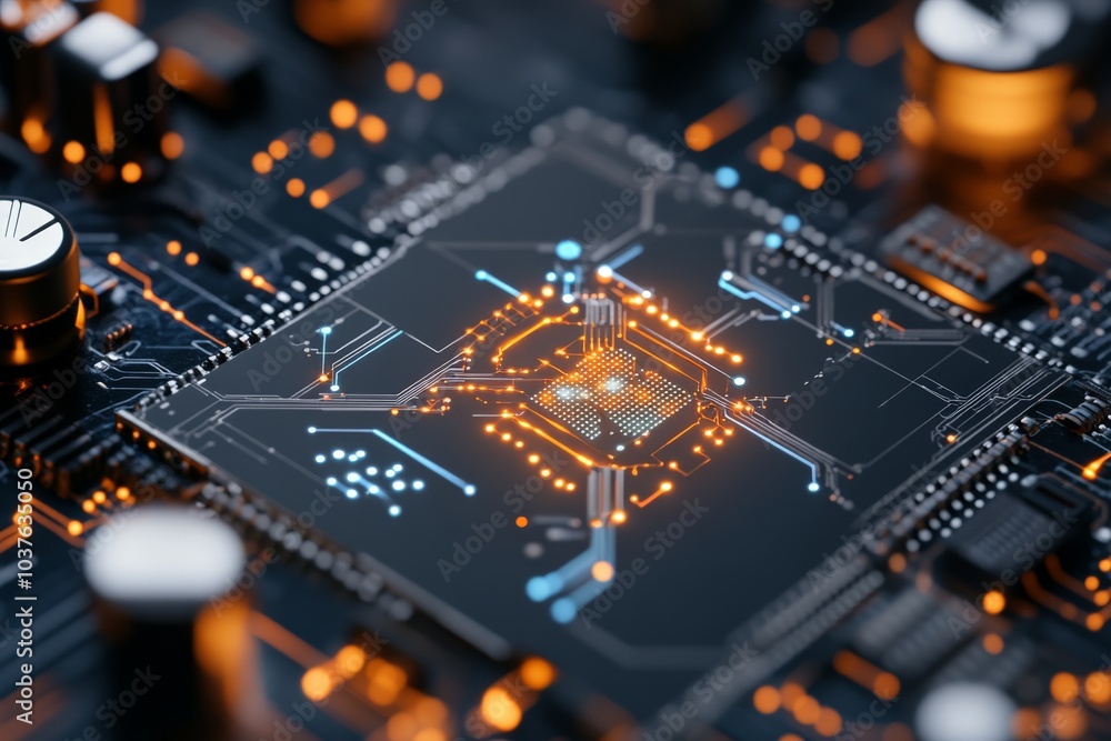 Poster the close-up image of a microchip on a circuit board emphasizes the intricate design and advanced te
