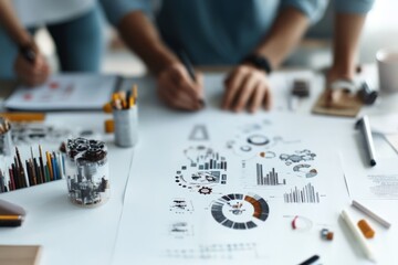 A close-up of a team engaged in data analytics, focusing on various graphs and charts. The setting is modern and collaborative with a colorful artistic design.