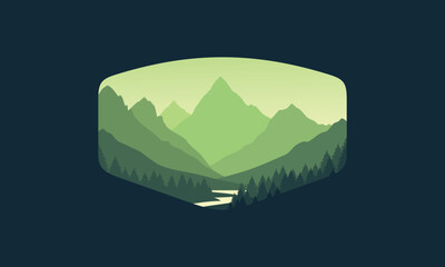 Landscape badge flat vector design illustration of mountains, calm river and silhouettes of pine trees, soft green gradations layered