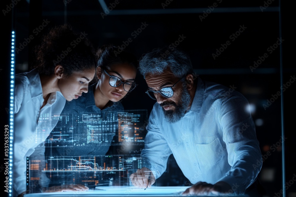 Poster a diverse team of professionals engaged in collaborative digital work, analyzing data on a digital s