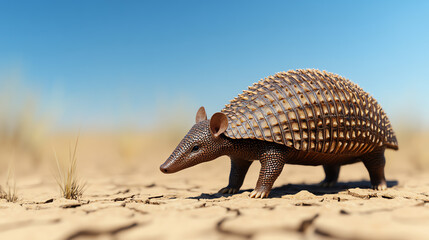 Obraz premium An armadillo walking across a dry, cracked landscape under a clear blue sky, showcasing its unique shell and distinctive features.