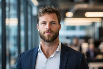 Fototapeta premium A confident individual in a modern, professional office setting, wearing a suit and projecting a sense of authority and assurance in a collaborative workspace.