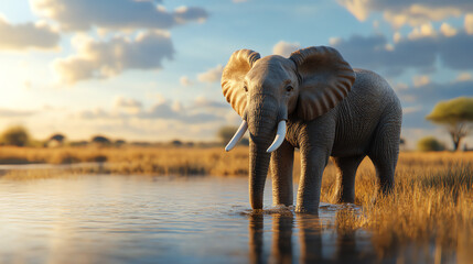 Fototapeta premium An elegant elephant stands by a serene waterbody, showcasing its majestic presence amidst a tranquil landscape.
