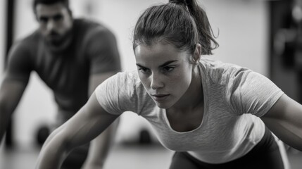 Focused woman performing push-ups while being supervised by a male trainer in a gym setting