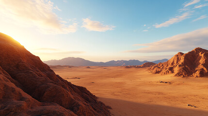 Naklejka premium Breathtaking desert landscape at sunset with colorful sky and distant mountains on the horizon. The scene captures the beauty of nature's tranquility.