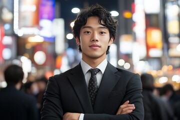 A confident young businessman in a suit stands proudly against the backdrop of bright city lights, symbolizing ambition, success, and global business culture.