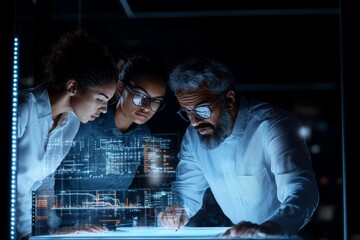 A diverse team of professionals engaged in collaborative digital work, analyzing data on a digital screen in a dimly lit modern work environment.