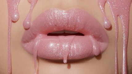 Fototapeta premium Close-Up of Wet, Glittery Pink Lips with Shiny Gloss and Soft Lighting