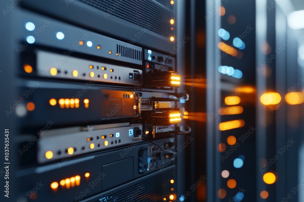 Poster a server rack displays glowing lights in a high-tech setting, capturing the essence of information t