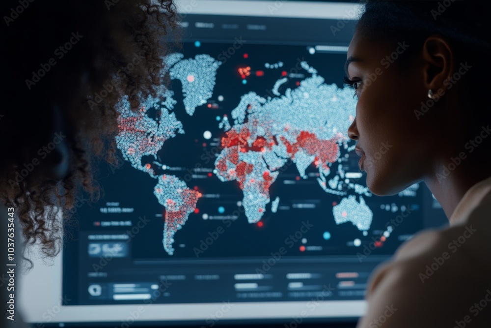 Poster two professionals are intently analyzing a global map with data visualizations on a screen, focusing