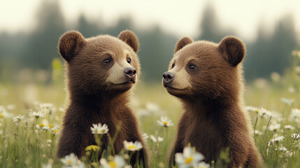 Obraz premium Two adorable bear cubs curiously interacting in a flower-filled meadow, showcasing their playful nature and innocence in a serene natural setting.