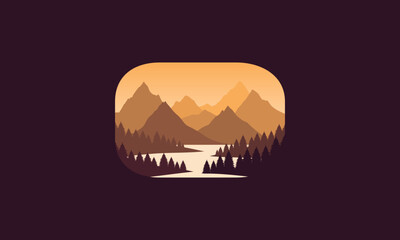 Landscape badge flat vector design illustration of mountains, calm river and silhouettes of pine trees, soft green gradations layered