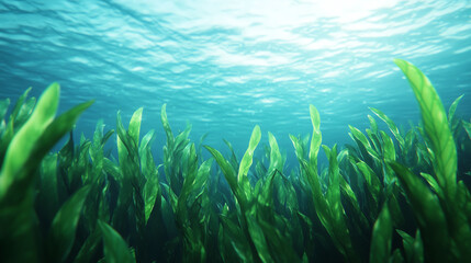 Obraz premium Vibrant underwater scene showcasing lush seaweed swaying gracefully in crystal-clear water, illuminated by sunlight filtering from above.
