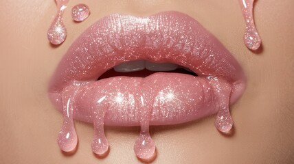 Fototapeta premium Close-Up of Lips with Pink Glittery Lipstick and Small Glitter Particles