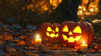 Jack-O'-Lanterns Glowing in Autumn Forest