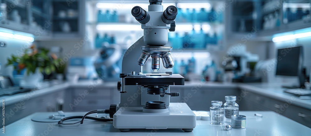 Poster close-up of a modern microscope on a white table with a blurred background of a laboratory room.
