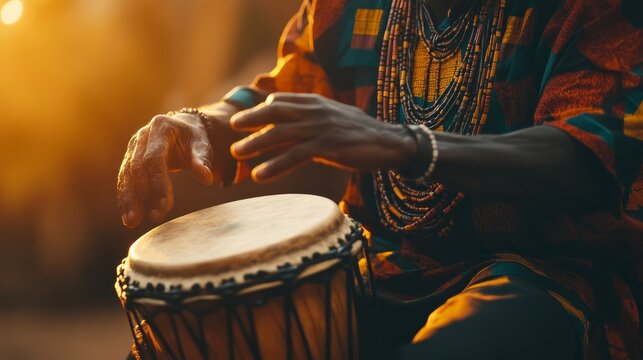 A man performing on a jembe, an ethnic percussion instrument. African music performed by a drummer