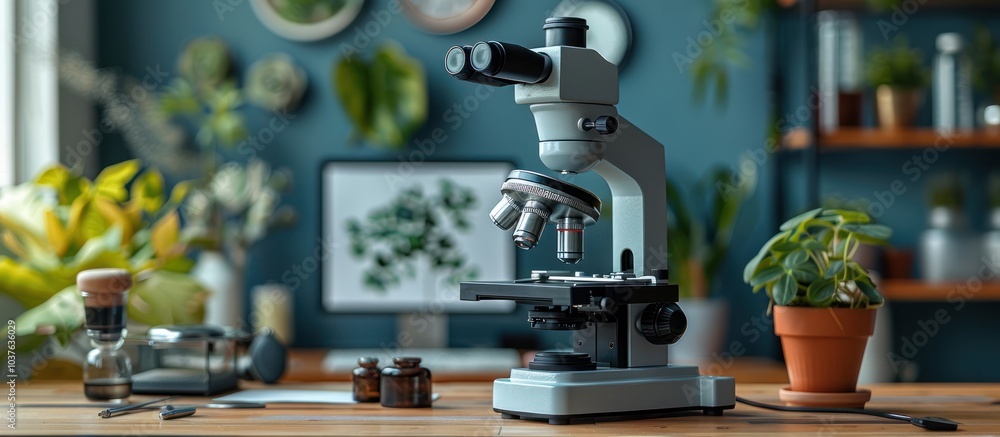 Poster a microscope sits on a wooden table in a botanical laboratory setting. the microscope is in focus, w