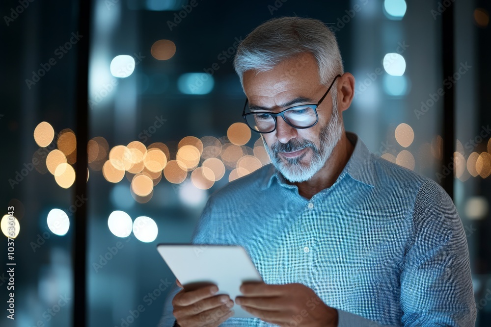 Poster a mature man deeply engaged in reading on a digital tablet against a bokeh background that highlight