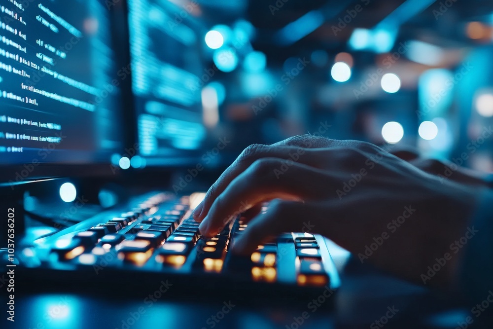 Poster hands typing on a keyboard, surrounded by lines of code on a computer screen, set in a dimly lit env