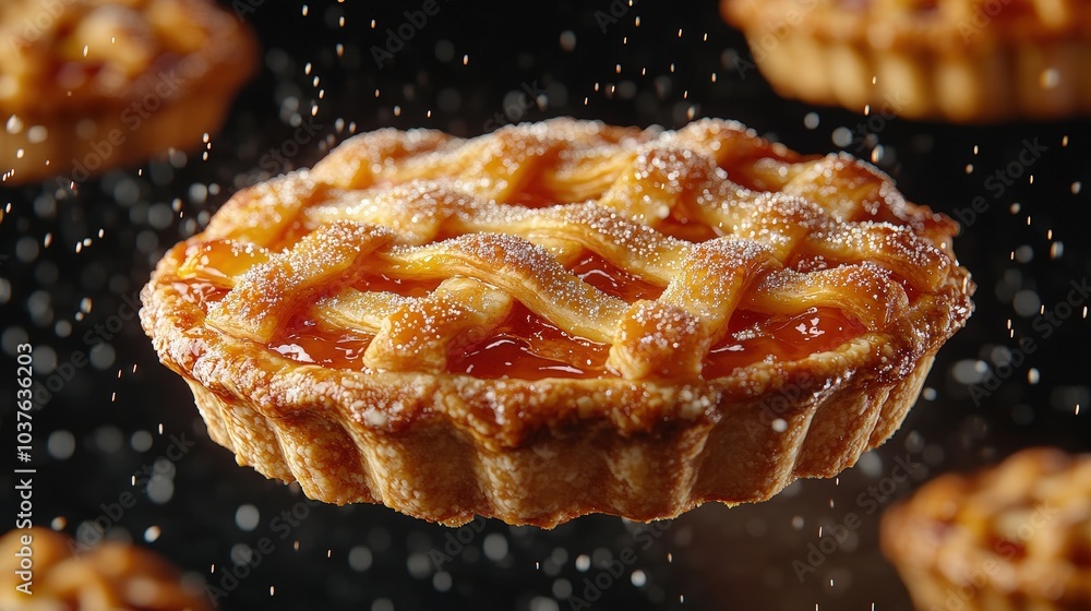 Poster delectable apple pie delight floating in air with sparkle on stunning gradient background in 16k qua