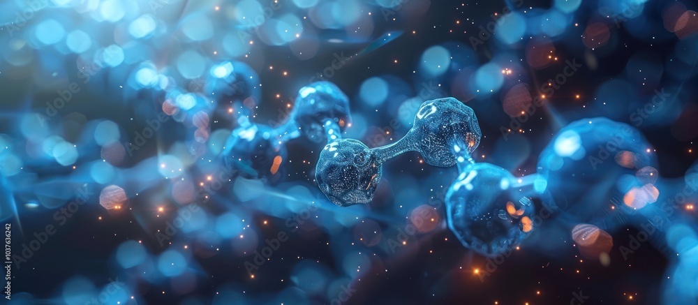 Poster a close-up of a molecular structure with a blue, glowing, shiny, and abstract style with bokeh backg