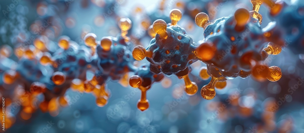 Poster abstract 3d rendering of a molecule with blue and orange spheres.