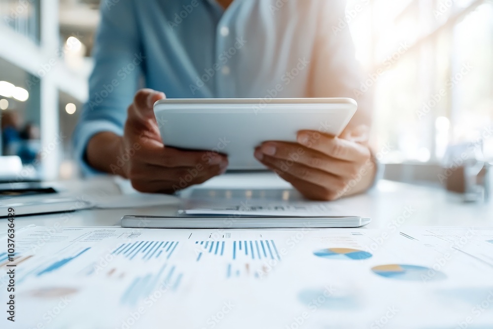 Poster a person is focused on a tablet while reviewing documents displaying analytical charts and graphs on