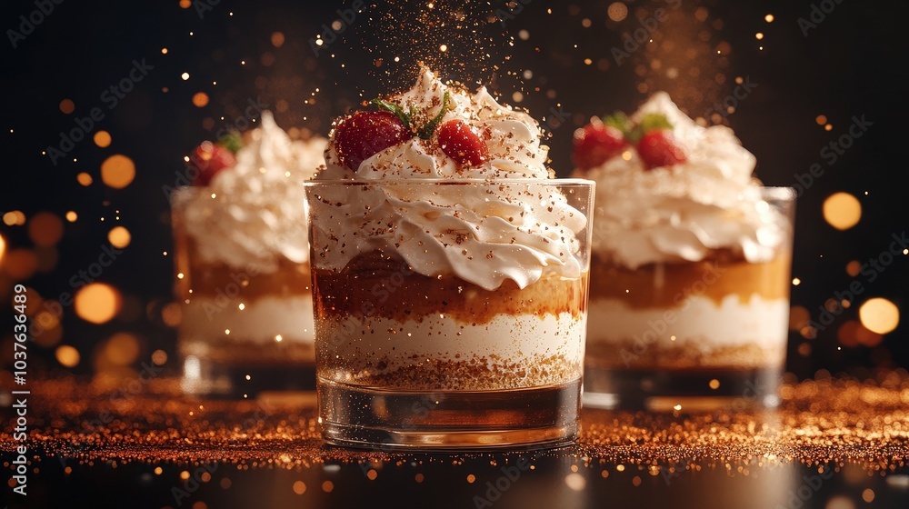 Poster ethereal trifle delight: stunning low-angle shot of floating objects with sparkling reflections on g