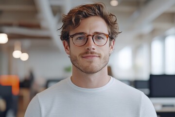 Fototapeta premium A young man with curly hair and glasses smiles while standing in a contemporary office setting, exuding confidence and a sense of professionalism.
