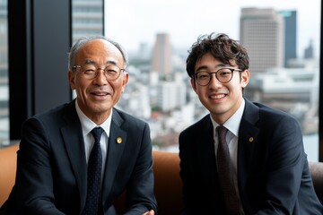 Fototapeta premium Two businessmen, one older and one younger, smile warmly while seated, with a city skyline visible through the large office window, evoking partnership and success.