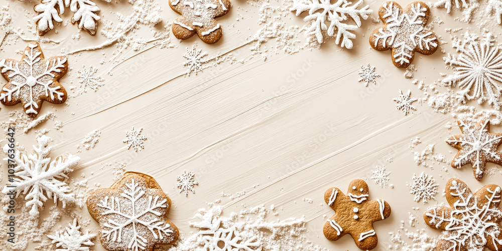 Aufkleber White background with a row of gingerbread cookies and snowflakes. The snowflakes are scattered all over the background and the cookies are placed in a row. Concept of warmth and comfort