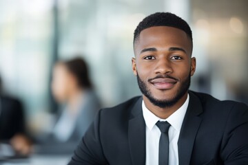 A young professional man in a tailored suit exudes confidence and success, representing ambition and the modern business landscape in a bustling work environment.