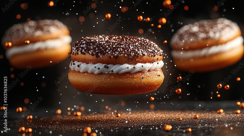 Poster ethereal semla delight suspended in air on gradient background sparkling with minimalistic hyperdeta