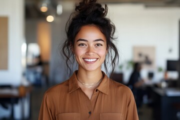 Obraz premium A cheerful young woman with a bun hairstyle in a brown shirt looking straight into the camera with a bright smile. Office environment with a cozy ambiance.