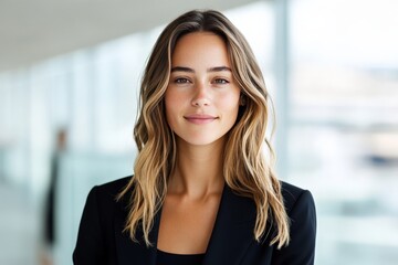 Fototapeta premium A confident young woman with wavy hair is smiling in a bright corridor, wearing a black blazer, exuding a sense of calm and professionalism.