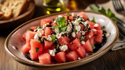 A refreshing plate of watermelon salad with cubed watermelon, feta cheese crumbles, fresh mint leaves