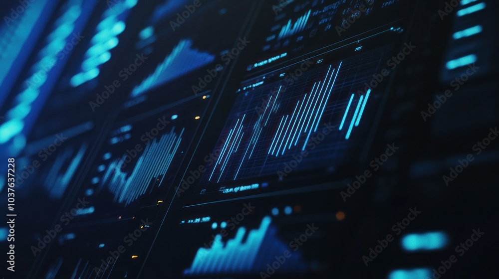 Poster blue digital dashboard with data and charts