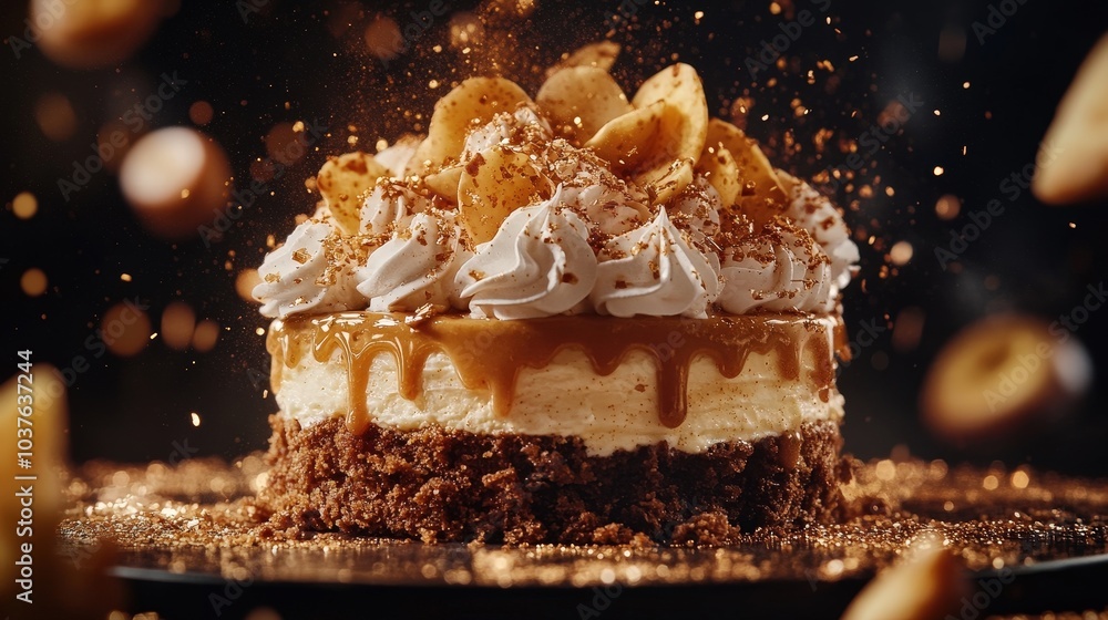 Poster indulgent banoffee pie delight floating in air with sparkling reflections on gradient background - 1