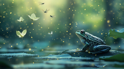 A frog watching insects flit above a pond
