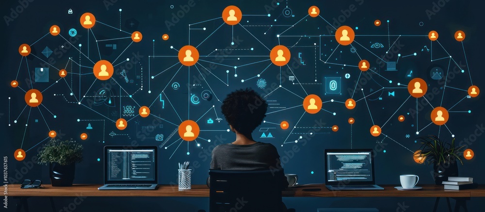 Poster a person is sitting at a desk in front of two laptops with a complex network of connections behind t