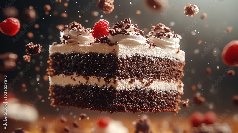 Poster indulgent black forest cake floating in air with sparkling reflections on gradient background - hype