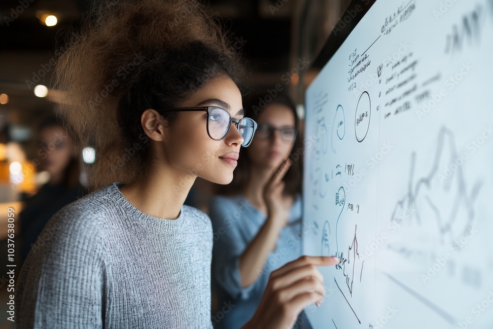 Poster a woman deeply focuses on analyzing graphs and data on an interactive screen, embodying innovation, 