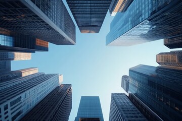 This upward perspective shot captures the towering modern skyscrapers stretching towards a clear blue sky, symbolizing growth, ambition, and urban architecture.