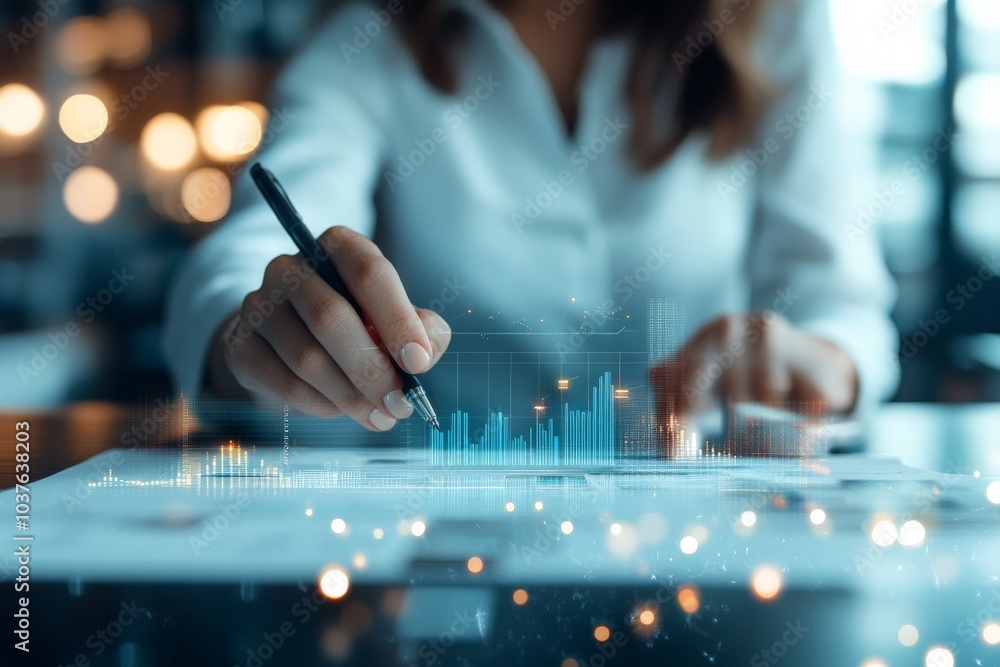 Poster a professional analyzing finance data with digital overlays and charts, reflecting the integration o